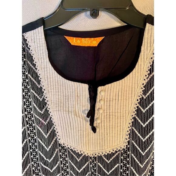La Fille Made In India Kurta Tunic Black White Boho Victorian Size 28 Small - Picture 4 of 11